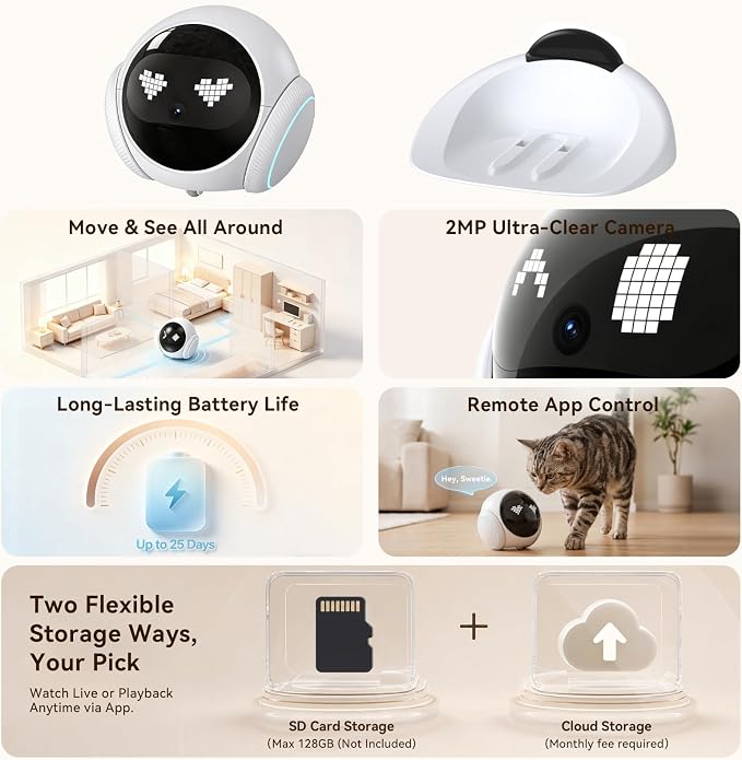 Vivideye Pet Camera 1080P, Movable Robot Security Camera for Dog Cat, Rolling Robot Indoor Camera with Talk,Battery-Operated, Auto-Recharge, Night Vision,SD/Cloud Storage, Pet/Human/Voice Detection