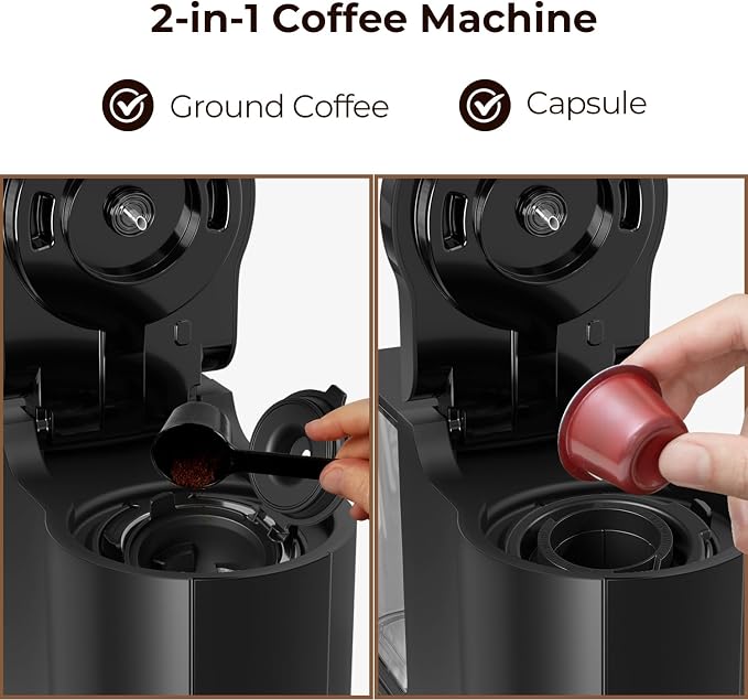 Single Serve Coffee Maker 2 in 1 Coffee Machine with Ground Coffee & Pods Coffee, 6 to 14 Oz Brew Sizes,Mini One Cup Coffee Maker 40oz Water Tank,Auto Cleaning & Shut Off, Black