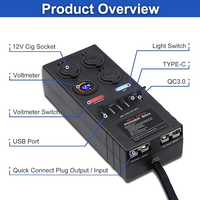 Mini Power Distribution Box 12V DC Battery Socket Max. 50A Current with 2 x Anderson, 6 x USB & 3 x Cig Sockets, Mini Battery Box for Outdoors RV Camping Fishing Emergency