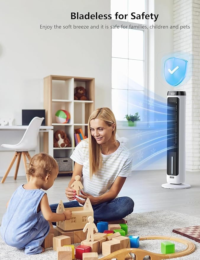 JRD 41" Evaporative Cooler with 3 Speeds, 5 Modes, Remote, 80° Oscillation Swamp Cooler with 12H Timer, Bladeless Tower Fan Cooling Fan for Bedroom Office Home