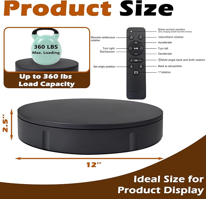 PROLEE Rotating Platform 12Inch/360lbs Capacity, 360 Degree Rotating Display Stand, Rotating Turntable for Photography, Remote Motorized Electric Turntable with 5 Colour Surface Covers and Carry Bag