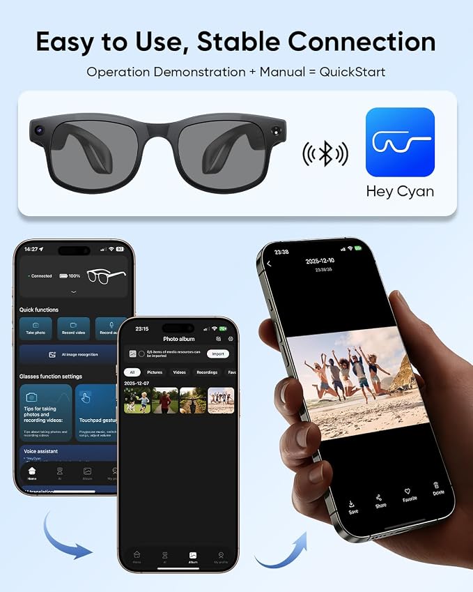 CJkao Smart Glasses with Camera, HD Camera Glasses, Video Recording, Voice Assistant Control Bluetooth Music ai Glasses for Teenager Men Women (G2-Black)