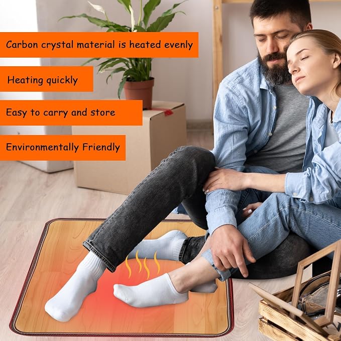 QOUBAI PVC 110V Heated Floor Mat Heater for Foot Warmer Under Desk 22 x 20 Inch Electric Heating Pad Energy Saving Carpet Pad Indoor Floor Heated Rug for Home Office Bathroom House Brown