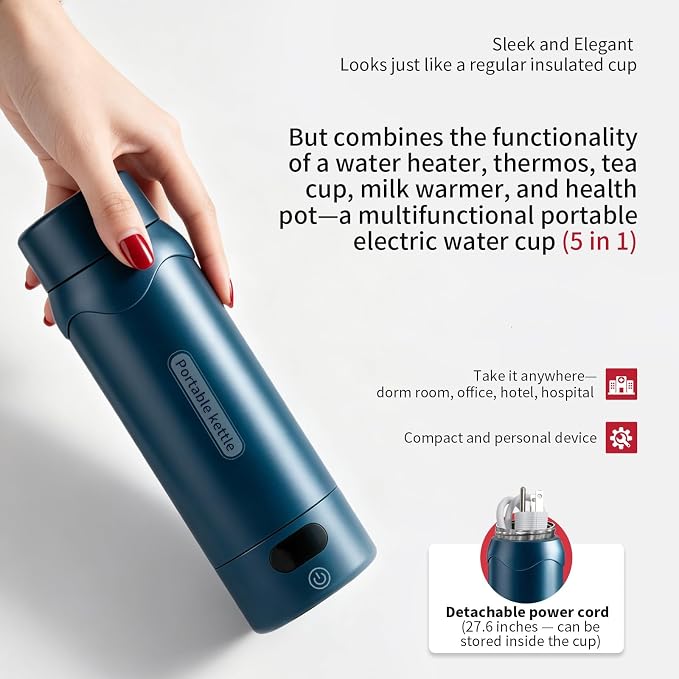 Insulated Stainless Steel Electric Kettle Small, Smart Water Bottle with 4 temperature control, Leak-Proof, Mini Travel Essentials Portable Office Gifts for Tea Lovers, Dark Blue