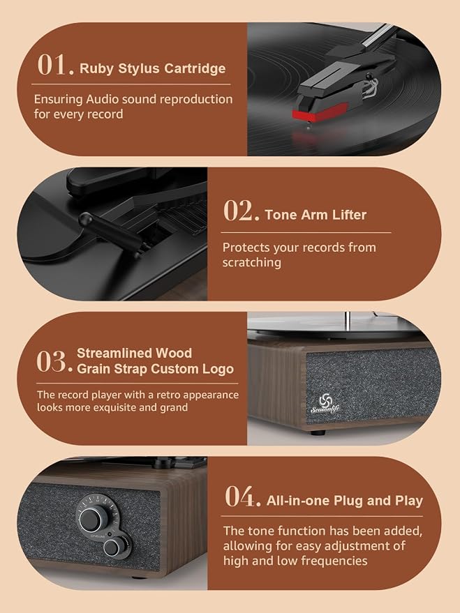 Vinyl Record Player Built-in Stereo Speakers Vintage Turntable for Vinyl Records LP Phonograph Belt Drive 3 Speed 3 Size Wireless Input RCA Output Auto Stop Tone Adjustment Wooden Retro Walnut Brown