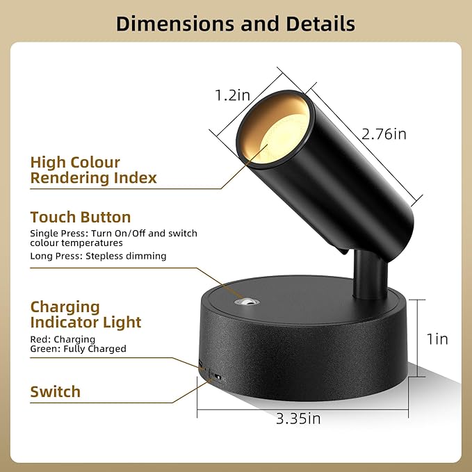 Spotlights Indoor with Remote & Touch, 5500mAh Rechargeable Battery Picture Lights with Timer, 10 Levels Brightness Dimmable Uplights Indoor for Tree Painting Cabinet Wall Gallery (4 Pack)
