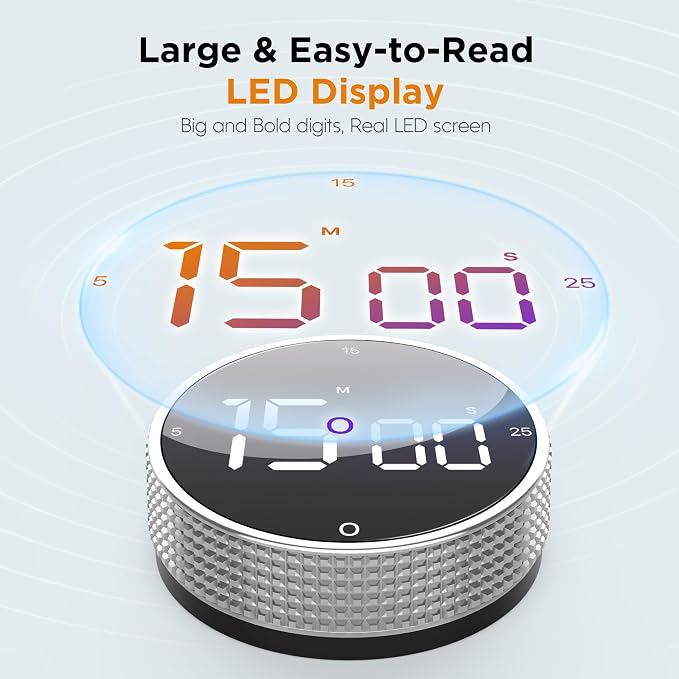 Digital Kitchen Timer - Magnetic Countdown Count Up Clock with Large LED Display, 5/15/25 Min Presets, 3 Volume Levels, Rotary Dial for Cooking, Productivity, Classroom, Fitness (2, Silver)