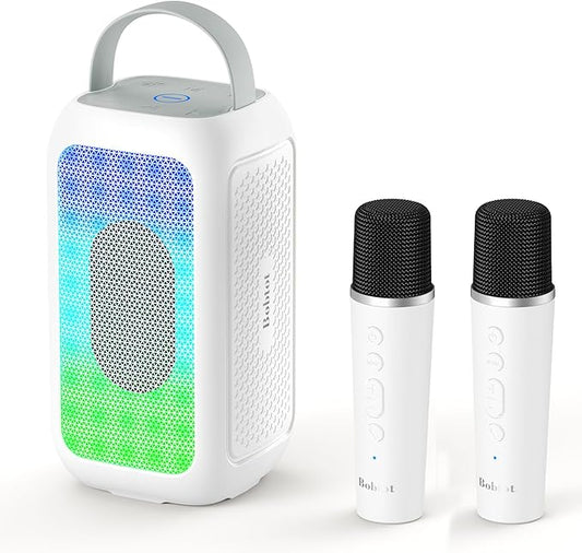 Bobtot Portable Bluetooth Speaker, 16H Playtime Wireless Speakers, Peak Singing Machine with 2 Microphones, Magic Sound, Echo, EQ Mode (White, with 2 Mics)