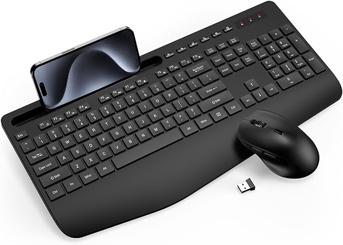 Wireless Keyboard and Mouse Combo - Full-Sized Ergonomic Keyboard with Wrist Rest, Phone Holder, Sleep Mode, 2.4G Quiet Keyboard for PC Laptop, Complete Work Setup for Office or Home -Trueque KM23