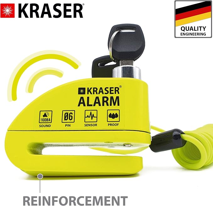 KRASER KR6Y Alarm Disc Lock, Reinforced Disc Brake Lock with 3 Keys (Others 2), Heavy Duty Anti-Theft Motorcycle with Alarm,110dB, Weather-Resistant, Reminder Cable, Pouch, Motorbike Moped E-Bike