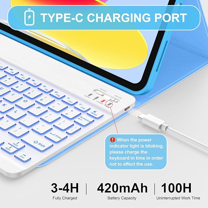 Soke for iPad (A16) 11th/10th Generation Case with Keyboard(2025/2022)-7 Color Backlight Wireless Detachable Folio Keyboard Cover with Built-in Pencil Holder for iPad 11/10.9 inch, Sky Blue