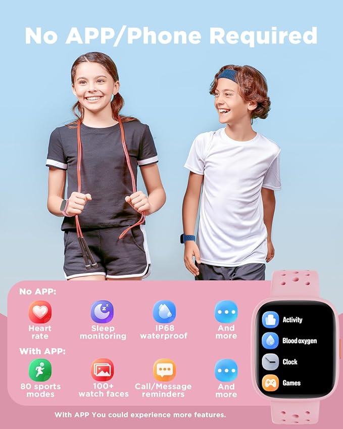 BIGGERFIVE Smart Watch for Kids, 1.8" Fitness Tracker Watch Pedometer, Heart Rate, Sleep Monitor, IP68 Waterproof, Calorie Step Counter, Puzzle Games with/Without APP for Girls Teens 5-16, Pink