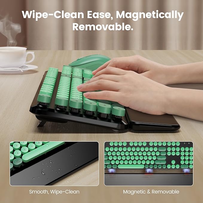 Wireless Keyboard and Mouse Combo with Magnetic Wrist Rest, Round Keycaps, Full-Size Retro Typewriter-Style Keyboard, Tilt Legs, Auto-Sleep, 2.4GHz Wireless for Windows PC Laptop, Forest Green & Black