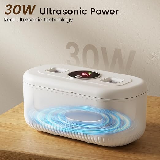 48Khz Ultrasonic Jewelry Cleaner, 30W Ultrasonic Cleaner with 2 UV Lights and Dual Brush Ports, 3 Modes Jewelry Cleaner Ultrasonic Machine with Digital Timer, 12OZ Pod for Eyeglasses, Rings, Retainer