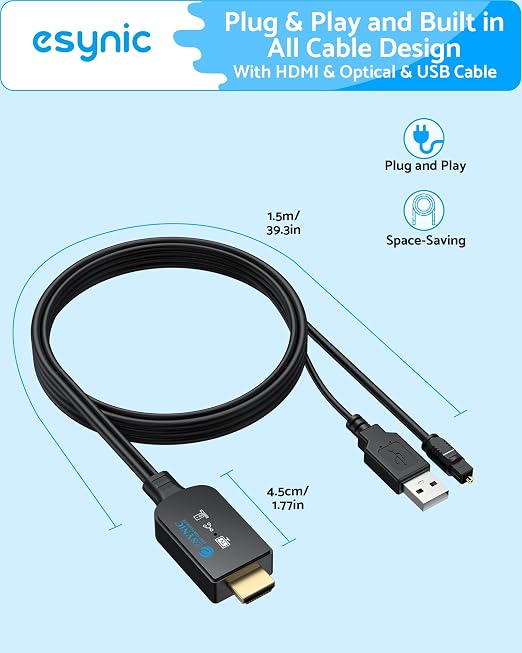 eSynic Professional 192KHZ eARC to Optical Converter-5 ft Long Compact Cable Design-USB Power ARC Audio Extractor-Plug & Play-Dolby5.1 & DTS 5.1 Formats-from HDTV ARC/eARC Ports to Optical Soundbar