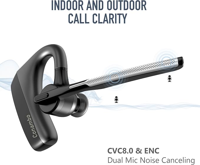 Conambo Bluetooth Headset with Dual Mic Noise Canceling & Mute Button Wireless Earpiece 16 Hrs Talking for Home Office Trucker – Compatible with iPhone Android Phone (K18)