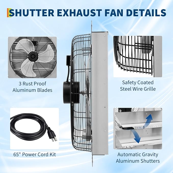GarveeHome 24" Shutter Exhaust Fan Wall Mount with 5 ft Power Cord - 3500 CFM 1500 RPM Auto Shutter Attic Vent Fan for Garage, Attic, Greenhouse, Shed
