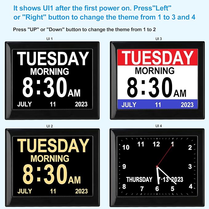 Day Date Time Clock for Seniors Elderly 3 Medication Reminders+ 5 Custom Reminders Digital Calendar Dementia Impaired Vision Memory Loss Clock(Black,8-inch)