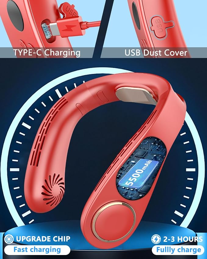 Neck Fan with Cooling Plate, Rechargeable 5500mAh Battery Operated, LED Displays & 5 Speeds Settings Neck Air Cooler, Hands Free Wearable No Blade Necklace Fan for Kids Men Women Outdoor Indoor, Red