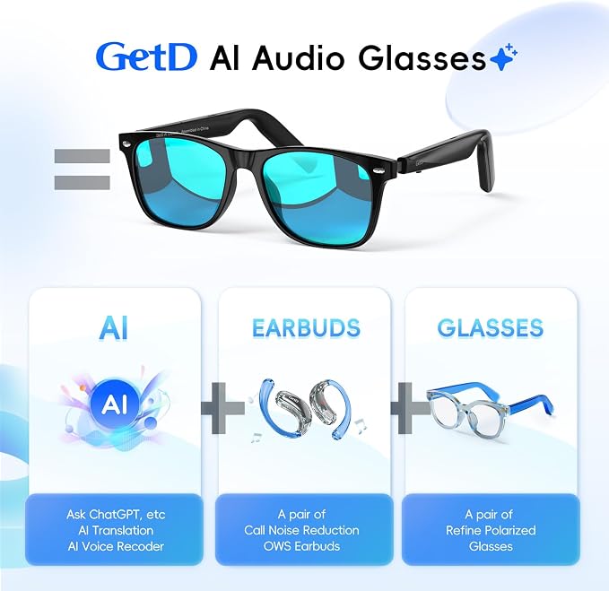 AI Glasses for Men & Women, Smart Glasses Powered by ChatGPT, AI Real-time Translation with 107 languages, 11H Music Play, Bluetooth Sunglasses with Polarized Lens, UV Protection for Daily Use, Travel