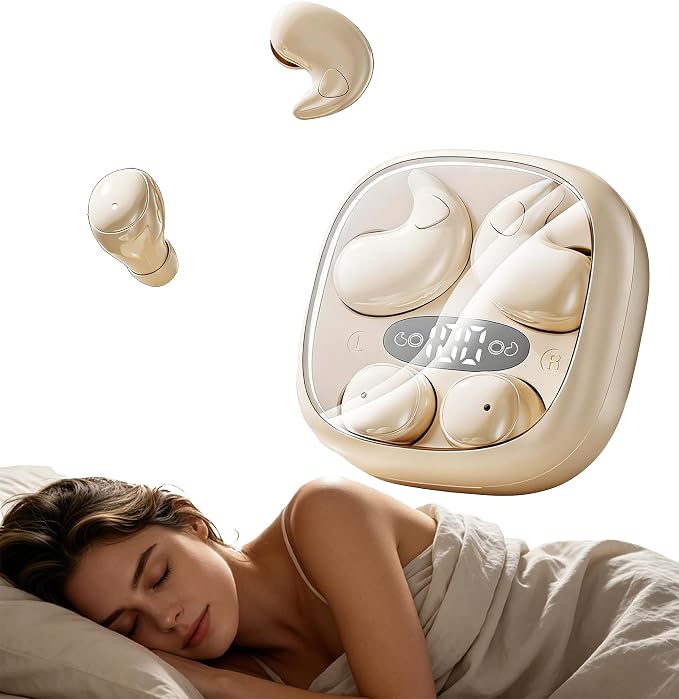 Flat Sleep Earbuds for Side Sleepers, Invisible Mini Earbuds for Small Ear Canals, Bluetooth 5.4, 66H Battery, Noise Blocking, Waterproof, LED Display for Sleep, Work & Travel（Beige）