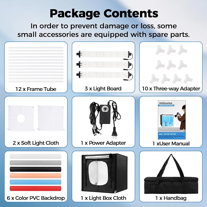 Photo Light Box, Portable 12/16/20/24/32 Photo Studio Light Box, Shooting Tent Kit with 405 Light Beads and 6 Color Backdrops. Lightbox with 3 Stepless Dimming Light Boards for Product Photography