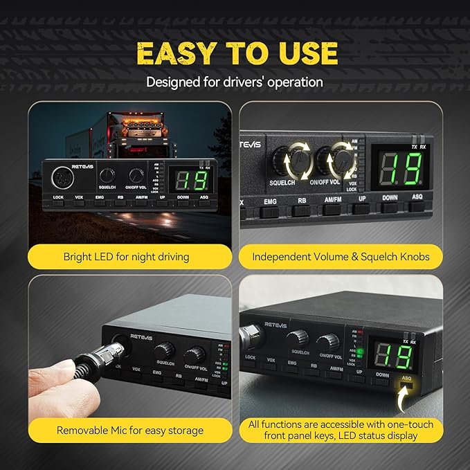 Retevis MB2 CB Radio, Professional AM/FM 40 Channels CB Base Station, 5W Mini External Speaker, Cigarette Lighter and Magnetic Antenna, Squelch ASQ, VOX, Auto-Scan, Long Range CB Radios for Truckers
