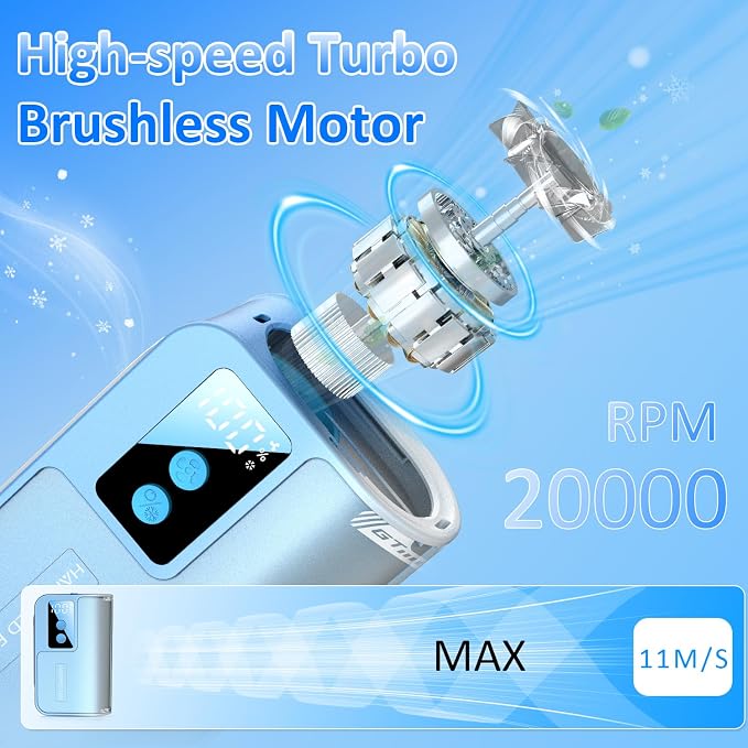 Handheld Fan Ice Cooling, 100 Stepless Speed Sports Cooling Fan with Digital Display, Adjustable Air Outlets, Neck Strap, 20000RPM Portable Turbo Fan for Outdoor Travel Home.