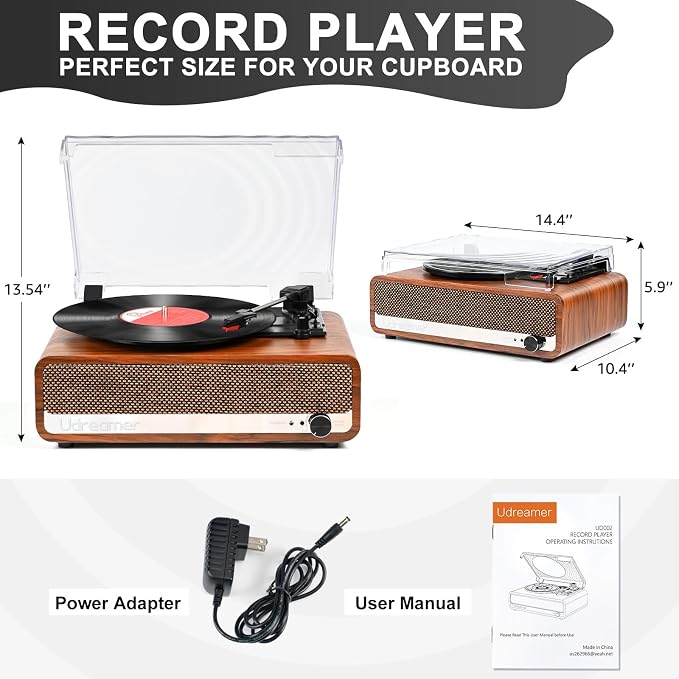 Vinyl Record Player with Speakers,3 Speed Turntable with Latest Bluetooth 5.3, Aux Input, Headphone Jack, RCA Output and Auto Stop, Mirror Vintage Wooden Brown