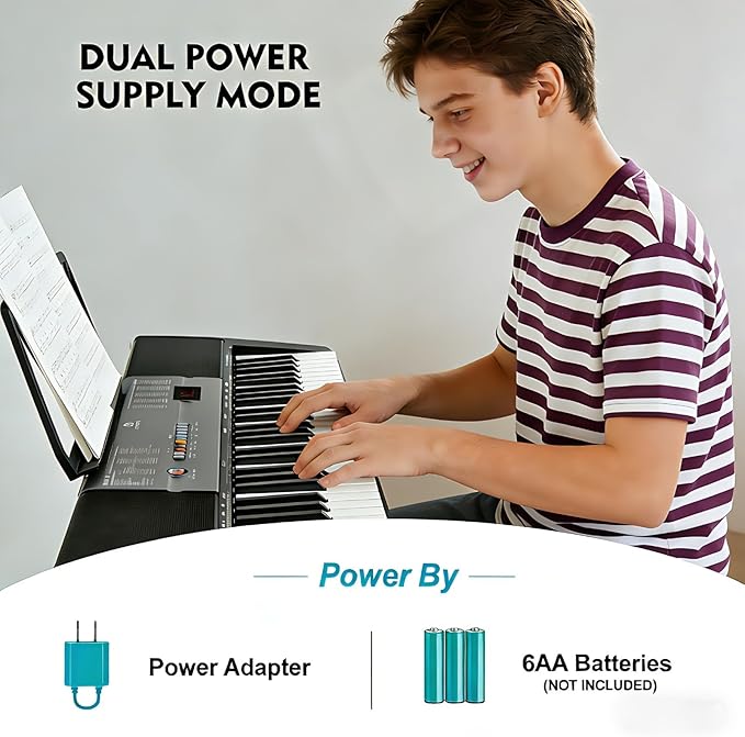 MUSTAR 61 Key Piano Keyboard, Electric Piano Keyboard with Lighted Up Keys, Learning Keyboards Piano for Beginners With Piano Stand, LCD Screen, Headphones, Microphone (Black with Stool)