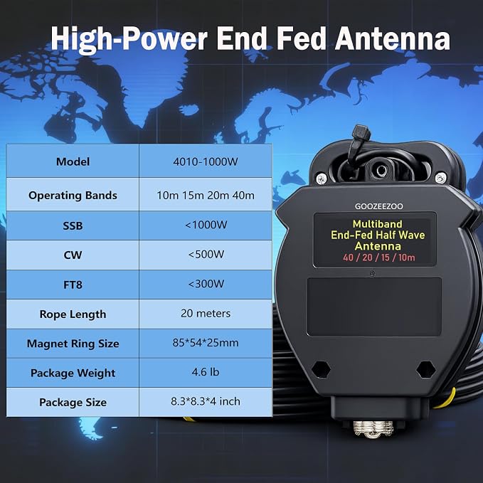 JYR4010-1000W End Fed Half Wave Antenna for Ham Radio, 1000W Shortwave Radio Antenna, 4 Band 10m 15m 20m 40m Long Wire Antenna, 1:64 Balun No Tuning Great for POTA/SOTA