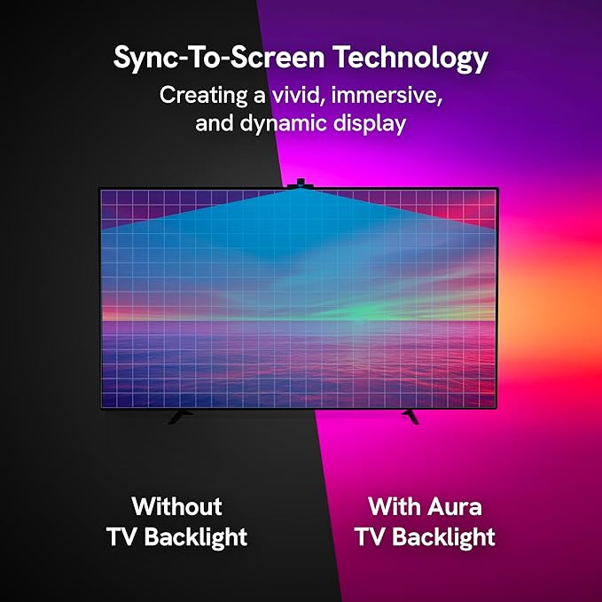 Aura Labs Smart TV Backlight Sync to Screen for 70-85 Inch TV - Camera-Based Color Match - Backlighting for TV - Voice and App Control - RGB LED Strip Light - LED Lights for TV
