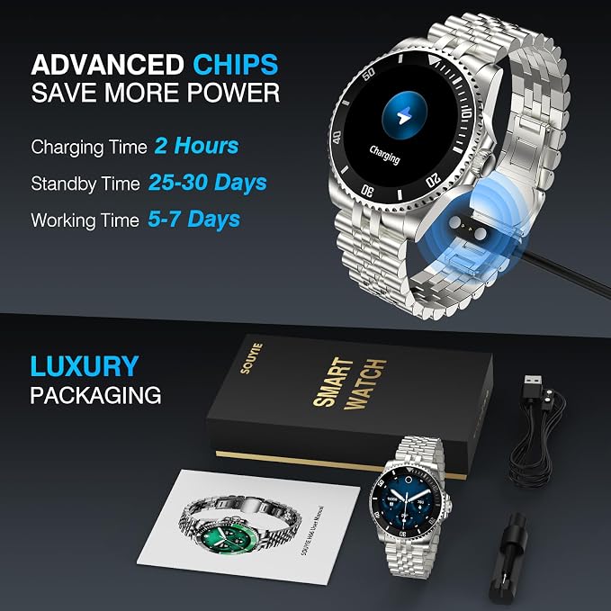 SOUYIE GPT AI Luxury Smart Watch, 24/7 Heart Rate, Blood Oxygen, Blood Pressure, Sleep Monitor, Waterproof Smartwatch, 1.19-inch AMOLED 44mm, 107 Sports Modes, Compatible Android and iOS Silver Black