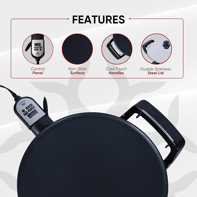 Ethniq 16" Electric Griddle for Ethiopian Injera, Somalian Anjero, Crepe, Lefse, Mogogo, Mitad, Pancake Teff Maker - Adjustable Digital Heat Control - Non-Stick Surface - Even Heat Distribution