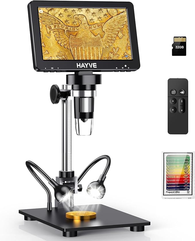7'' HDMI Digital Microscope,1200X Coin Microscope with IPS Screen, 16MP Soldering Microscope with Lights, 8.5'' Long Stand, View Entire Coin, Compatible with PC/TV, 32GB Card