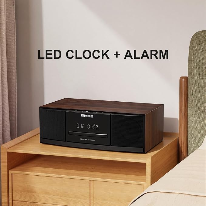JA-318 CD Player Stereo System for Home, 36W RMS HiFi Bluetooth 5.3 CD Player with Speakers, FM Radio 40 Presets, USB/AUX Playback, LED Clock & Alarm, IR Remote Control, Vintage Wooden Design