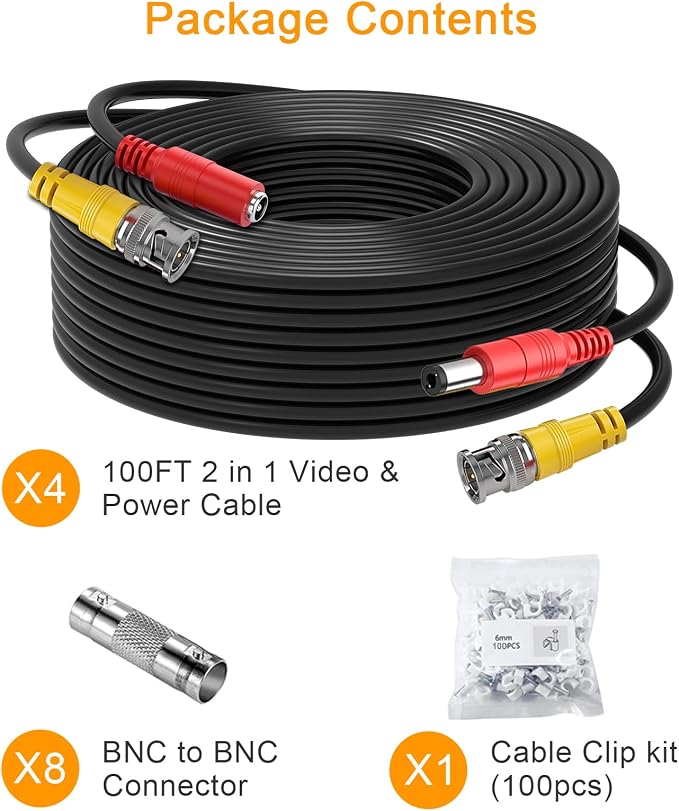 BNC Cable 4x100FT, All-in-One Siamese Video and Power Security Camera Wire, Camera Cable for All Max 5MP HD CCTV DVR Surveillance System (100FT 4PACK, Black)