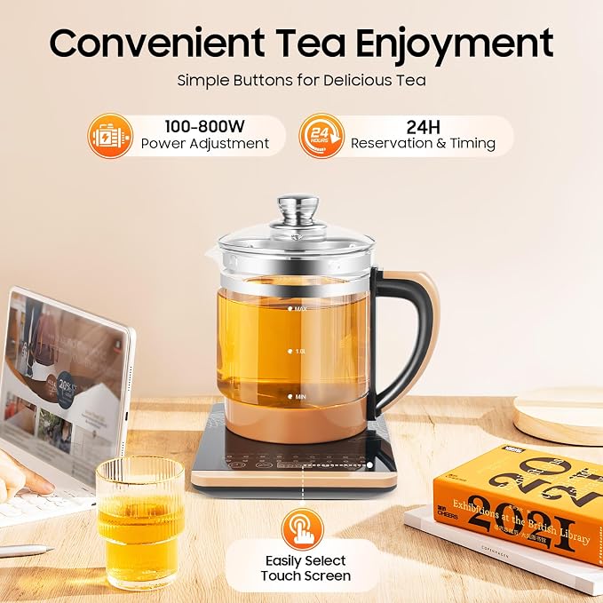 1.8L Electric Glass Kettle, 800W Health Pot with Temperature Control, 12 Independent Warming Stages, 18 Menus, Tea Infuser, Egg Steamer, Portable Kettle for Fragrant Tea, Coffee