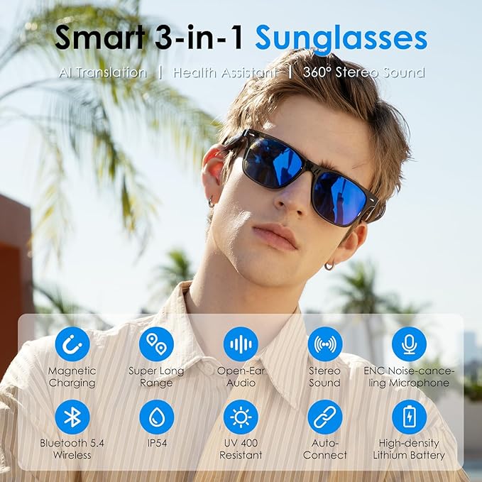 GetD Bluetooth Sunglasses for Men/Women, AI Translator, 11H Battery Life, Polarized Lens, UV Protection, Voice Control, Built-in Mic & Speakers, Smart Eyewear for Gaming Meeting Travel