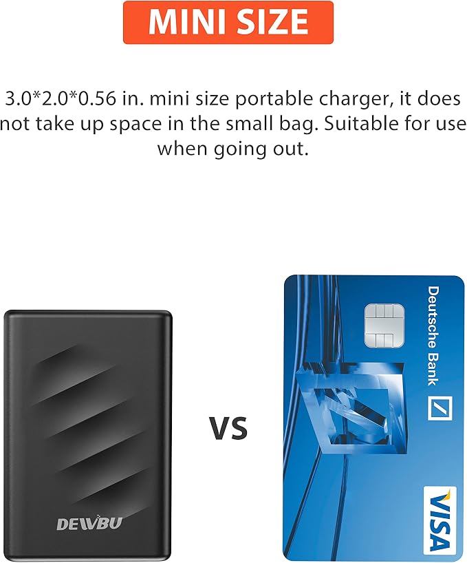 DEWBU Mini Portable Charger, 4000mAh Ultra Slim Lightweight Power Bank with Battery Level Indicator and USB-C Port for Travel, Compatible with iPhone, iPad, Samsung Galaxy, Android, and Heated Gloves