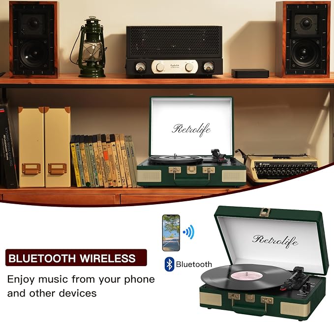 Record Player 3 Speed Bluetooth Portable Suitcase Vinyl Player with Built-in Speakers Turntable Enhanced Audio Sound PU Leather Vintage