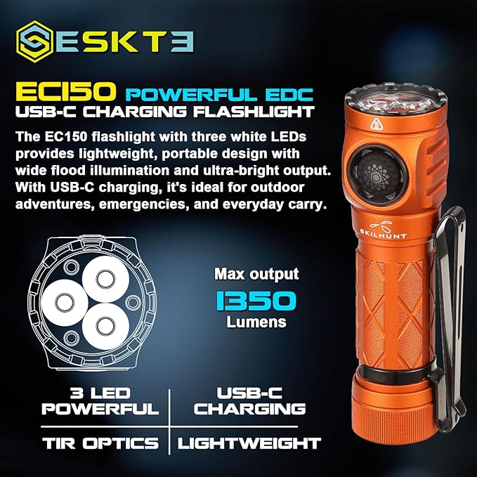 SKILHUNT EC150 USB-C Rechargeable Pocket Flashlight, High CRI,Compact Mini LED Torch for Everyday Use, Durable EDC Light (Orange, Neutral White 519A High CRI)