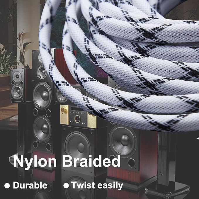 12AWG Speaker Cable (3 Feet), 1 Pack Premium Heavy Duty Braided Speaker Wire with Dual Gold Plated Banana Plug in-Wall CL2 Rated, Oxygen-Free Copper (White)