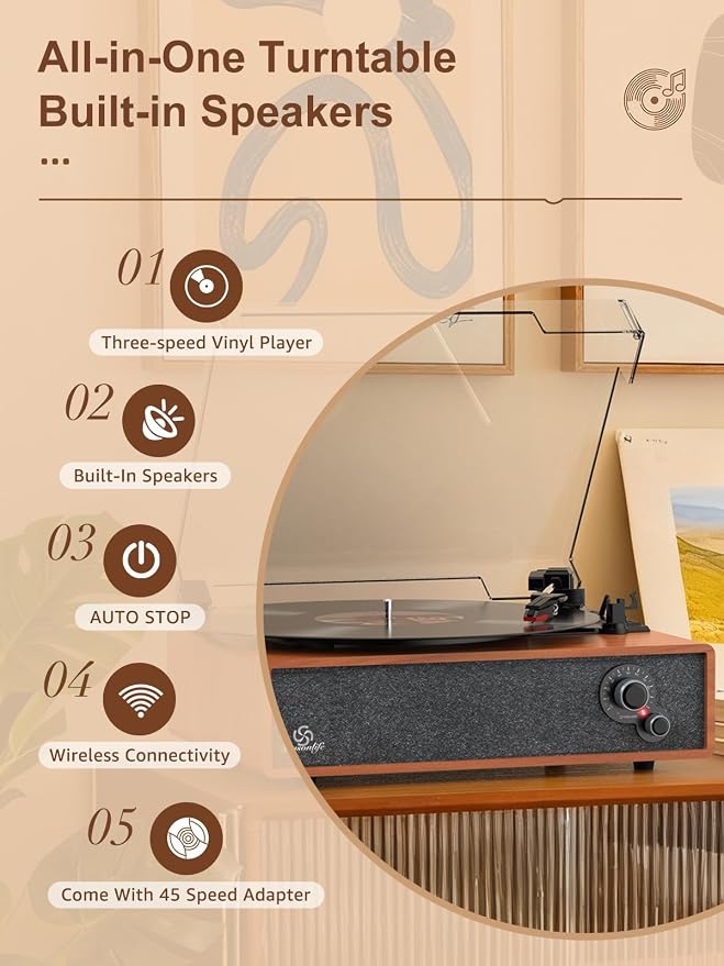 Record Player Built-in Stereo Speakers Vintage Turntable for Vinyl Records LP Phonograph Auto Stop Tone Adjustment Belt Drive 3 Speed 3 Size Support Wireless Input RCA Output Retro Wooden Walnut