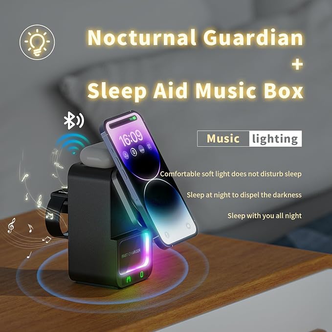 4 in 1 Magnetic Wireless Charging Station, Foldable Wireless Charger Stand with Bluetooth Speaker for iPhone 16 15 14 13 Series for AirPods 3/2/Pro for Apple Watch Ultra/SE/9/8/7/6/5/4/3/2/1 (Black)