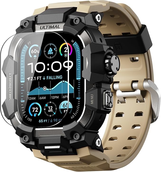 ULTIMAL Rugged Case with Band for Apple Watch 49mm,Compatible with Apple Watch Ultra 3/2/1, Military Grade Shockproof Bumper Cover for iWatch Tactical Band Men (49mm,Desert Yellow)