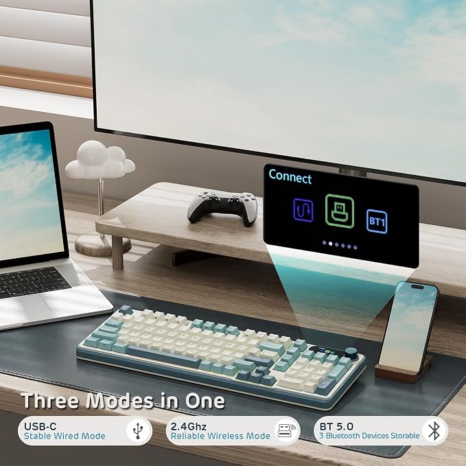 RK ROYAL KLUDGE S98 Mechanical Keyboard w/Smart Display & Knob, 96% RGB Wireless Gaming Keyboard BT/2.4G/USB-C, Hot Swappable Custom Keyboards, Software Support, Silent Computer Gaming Keyboard