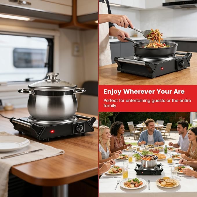Electric Burner, Electric Hot Plate for Cooking Portable Cooking Stove, Countertop Burner Cooktop for Kitchen, Dorm, Temperature Control, Easy to Clean, Black