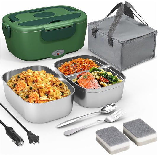 Sitlais Electric Lunch Box for Adults - Fast Heating Portable Food Warmer with 2 of 53oz 304 Stainless Steel Containers 12V/24V/110V Heated Lunch Box for Men&Women Work Office Truck Travel lonchera