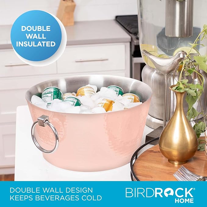 BIRDROCK HOME Hammered Stainless Steel Copper Beverage Tub with Handles - Double Wall Insulated 3 Gallons - Metal Drink Cooler & Ice Bucket for Parties - Outdoor Aluminum Holder for Bottles & Soda